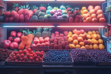 A vibrant fruit stand displays a diverse selection of fresh produce, enhanced by colorful neon lights, creating an inviting and cheerful atmosphere.