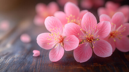 Fototapeta premium Spring beautiful blossom branch with delicate flowers placed on wooden background