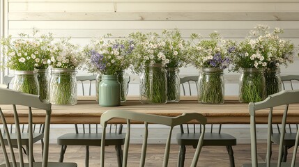 Fototapeta premium A countryside dining room featuring a long barnwood table