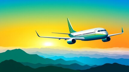 Obraz premium Vector Illustration of Airplane Flying Above Mountains in Simple Graphic Design