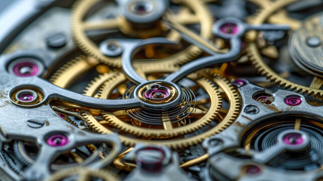 Clockwork mechanism, close-up. Gears and cogs. Industrial machin