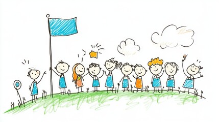 Fototapeta premium Cheerful Group of Children Celebrating Under a Blue Flag with Fun Drawings and Colorful Illustrations