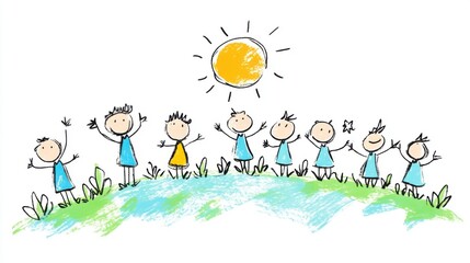 Fototapeta premium Happy Children Playing Together in a Bright Sunny Day with Simple Drawings and Colorful Background