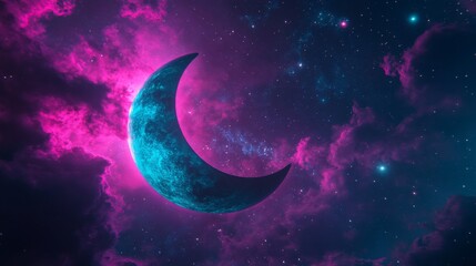 Fototapeta premium Crescent Moon in a Vibrant Purple Nebula Space