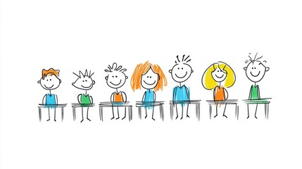 Playful and Colorful Illustration of Children Sitting at Desks in a Classroom Setting