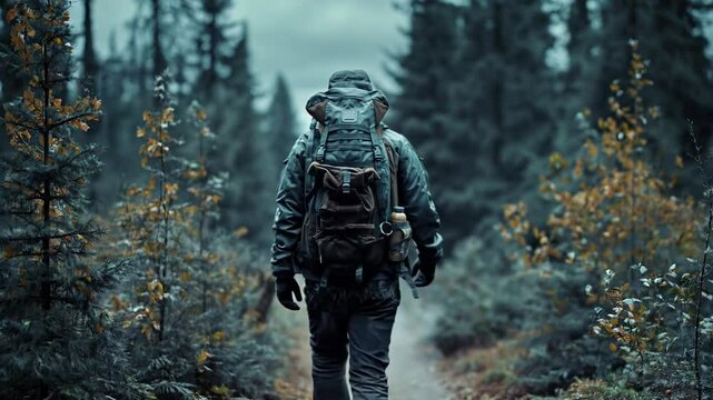 Hiker in rain jacket with tactical backpack in autumn forest. Survival gear, outdoor equipment advertising
