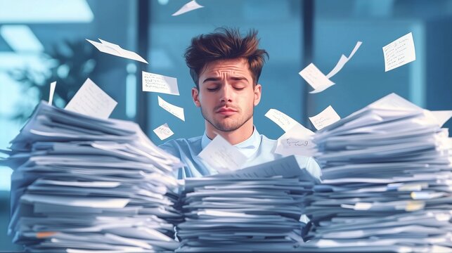 Overwhelmed worker surrounded by stacks of paperwork, symbolizing office inefficiency.