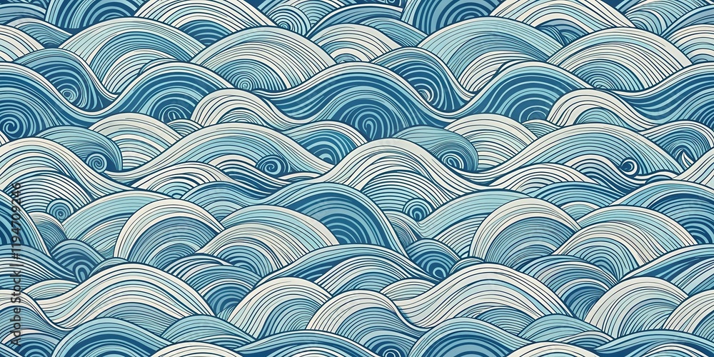 Poster seamless pattern of abstract ocean waves in shades of blue