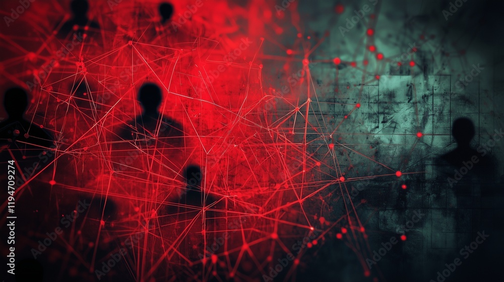 Poster silhouettes and network lines symbolize insider threat detection and data security.