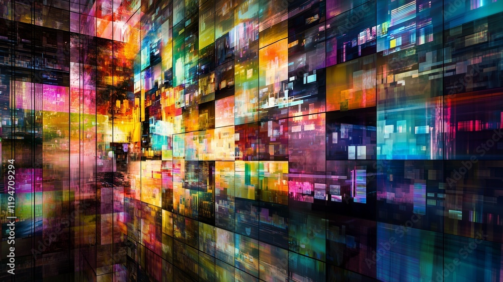 Poster vibrant digital screens forming a dynamic multimedia streaming wall, symbolizing connectivity and da