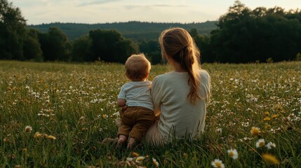 Fototapeta premium Child and Parent in Serene Meadow Landscape