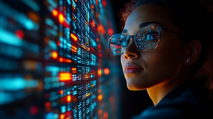 Woman programmer analyzing data on screen.