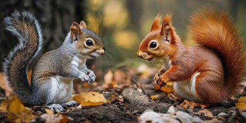 Two squirrels, one grey and one red, interacting playfully on a forest floor covered in fallen leaves, with soft, blurred autumnal background.