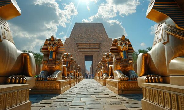Video of a Processional Pathway with Rows of Golden Sphinx Statues