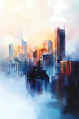 Foggy in the city. Watercolor illustration