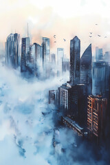 Foggy in the city. Watercolor illustration