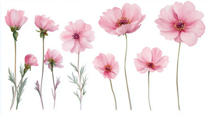 Obraz premium Watercolor set of delicate pink cosmos flowers isolated on white background