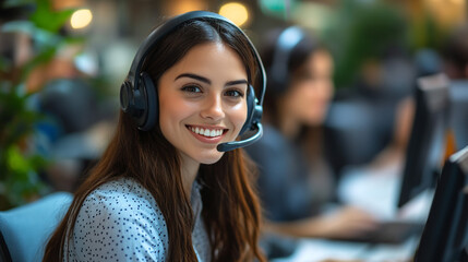 Smiling customer service representative wearing headset during work hours in an office environment