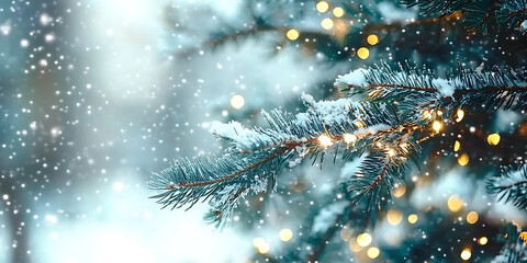 Majestic outdoor Christmas tree adorned with lights, surrounded by snow and festive bokeh, snowflakes gently falling, capturing the magic of a winter holiday atmosphere.