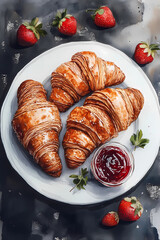 White dish with croissants, jam and strawberries on a grey background. Watercolor illustration