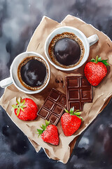 Two cups of coffee, chocolate and strawberries on a grey background. Watercolor illustration