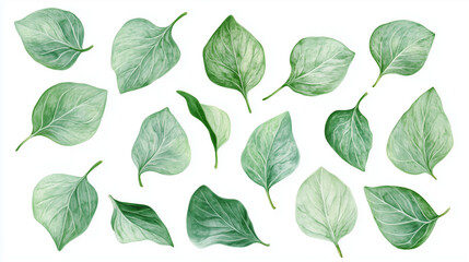 Watercolor set of mint-green eucalyptus leaves isolated on white background