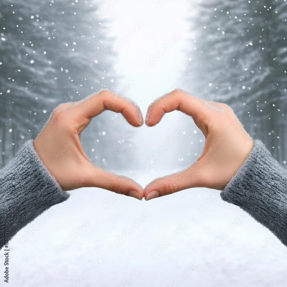 Poster hands creating a heart gesture, with a snowy forest in the background, frosty trees