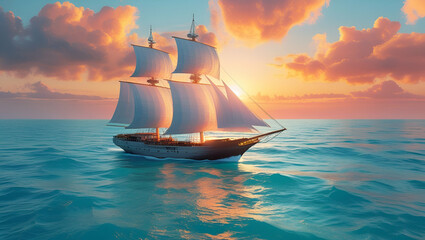 Fototapeta premium majestic sailing ship navigating the ocean under a breathtaking sunset showcasing vibrant colors and dramatic clouds all around ai genrative