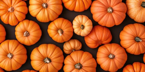 Collection of small orange pumpkins scattered on a dark background with varying sizes and textures creating a vibrant autumnal backdrop.