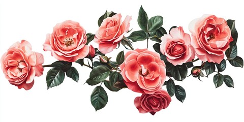 Vibrant rosy roses in shades of pink and coral arranged elegantly on a white background with green leaves, creating a fresh floral composition.