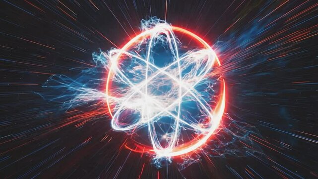 A vibrant, abstract depiction of an atom, its nucleus glowing with fiery energy and electrons swirling in a dynamic burst of light and color.