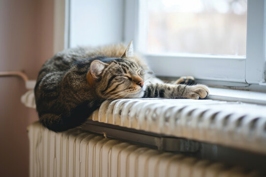 A gray domestic cat lying by the window on the heating radiator.