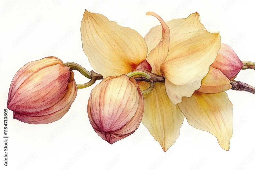 Poster a detailed view of a single flower growing on a branch, suitable for use in botanical or nature-them