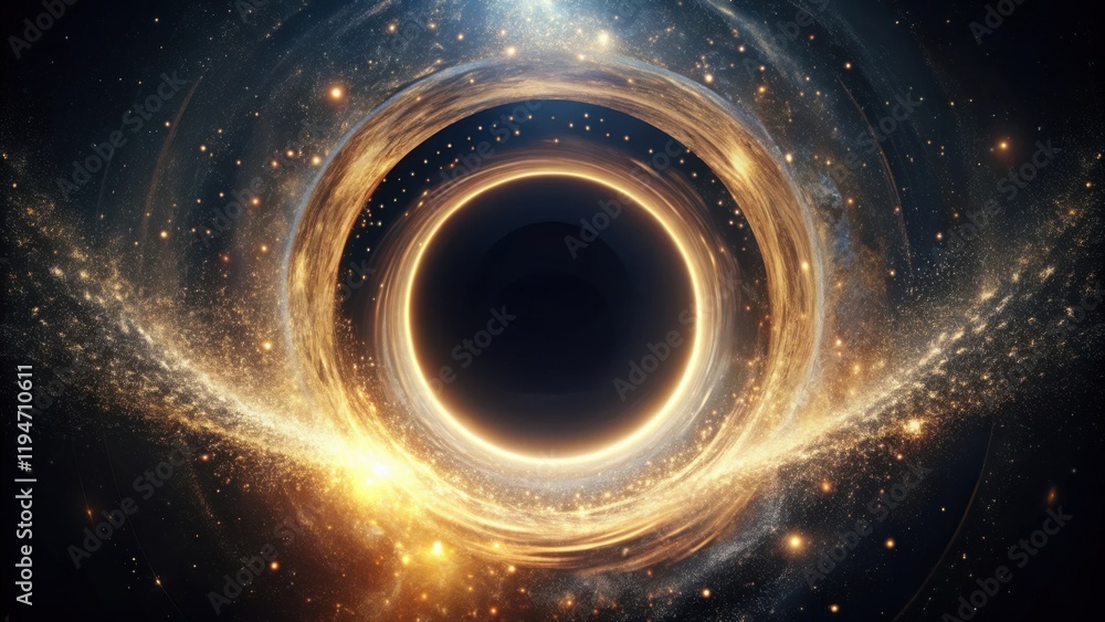 Poster cosmic event horizon glowing gold accretion disk surrounding a dark void