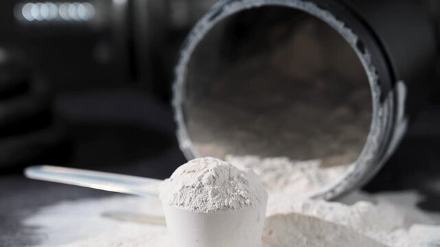 Amino acid food supplement, creatine powder in a measuring scoop, Sports nutrition 