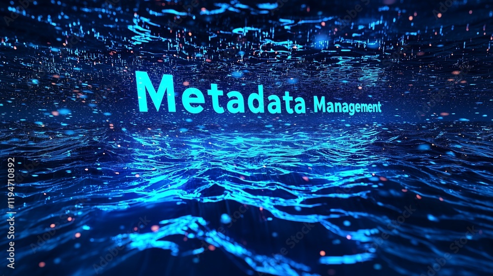 Poster digital ocean with 'metadata management' text, symbolizing data flow and organization.