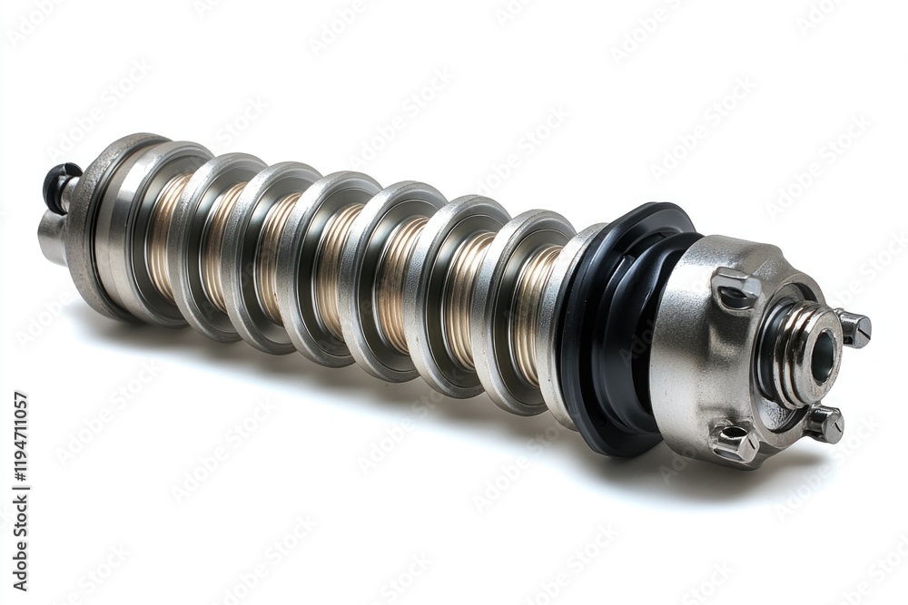 Poster a detailed view of a metal spring on a white background, suitable for use in technical or scientific