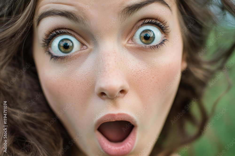 Poster a close-up shot of a woman's face showing surprise and shock, suitable for use in editorial or comme