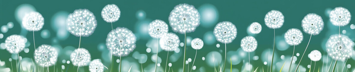 Delicate vector of spring background featuring blooming white dandelions in high-definition quality with exceptional detail and perfect composition, showcasing nature’s tranquility and beauty.