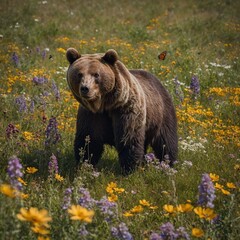 Fototapeta premium A bear family playing in a meadow filled with colorful wildflowers and butterflies.