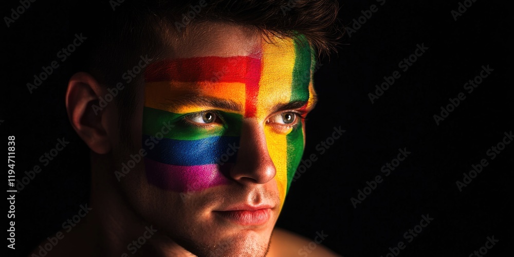 Poster a person with a colorful rainbow design painted on their face, creative and playful expression
