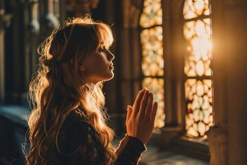 Christian woman praying contemplation spirituality backlighting.