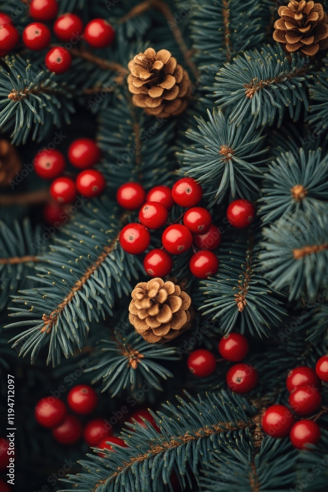 Poster close-up shot of a pine tree with vibrant red berries and pine cones
