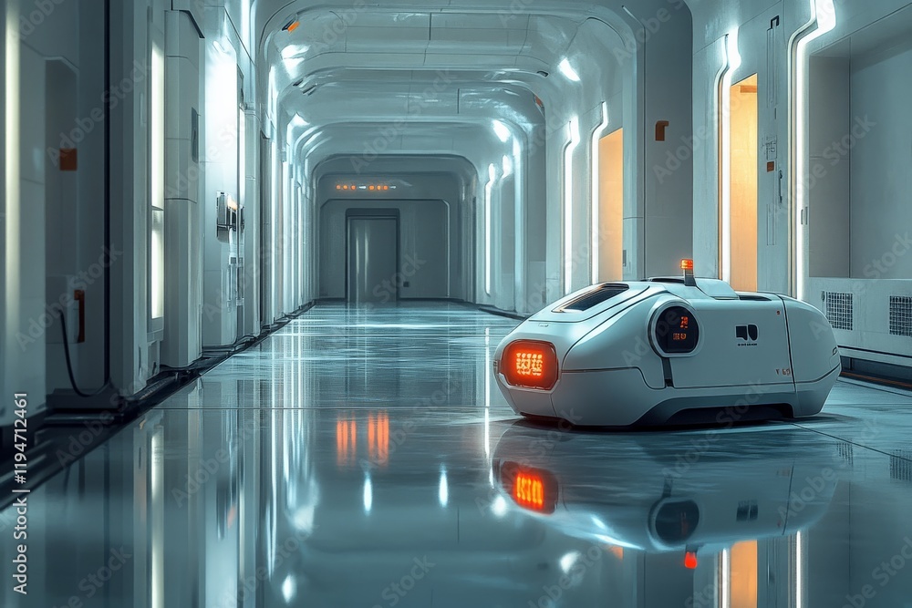 Poster A white robotic unit navigates through an ultramodern, glossy corridor with illuminated panels, showcasing advanced technology and futuristic design elements.