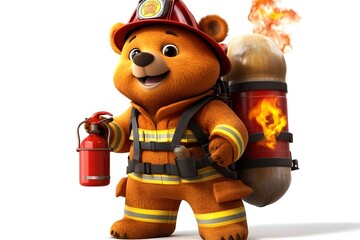 Brave 3D Cartoon Firefighter Bear with Small Fire Extinguisher Adorable Design Isolated on White Background