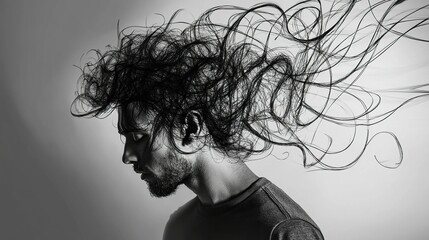 Fototapeta premium Composite trend artwork photo collage of monochrome surreal picture man half head brain mind line doodle mess think self help psychology