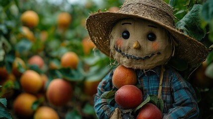 A man holds a bunch of juicy peaches, wearing a straw hat