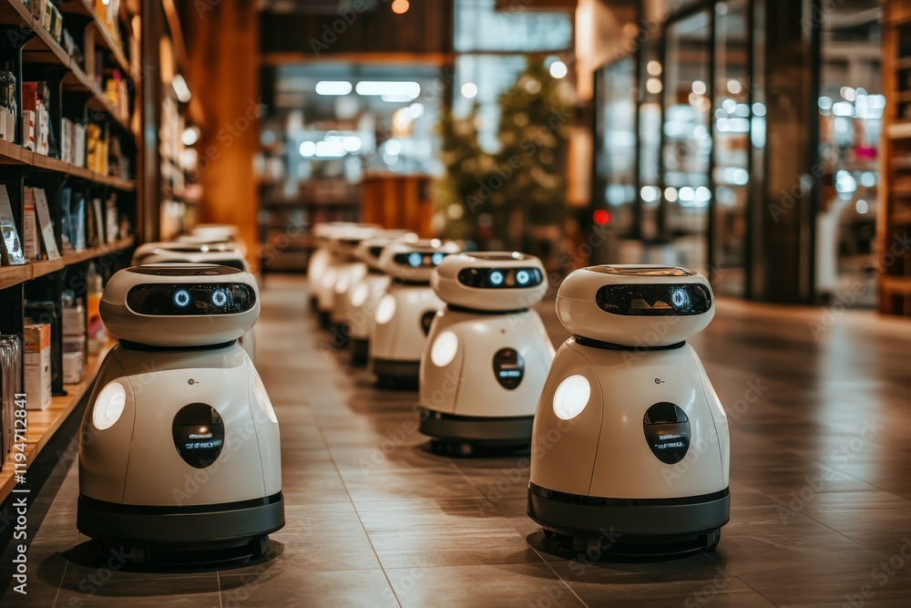 Aufkleber A group of sleek, autonomous robots line up in a stylish, futuristic library, showcasing advanced technology and modern architecture blending seamlessly together.