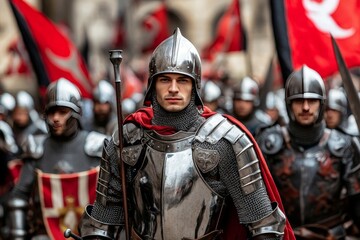 Obraz premium Majestic procession of knights in shining armor marching through an ancient castle courtyard, adorned with vibrant flags and historical banners, evoking a sense of grandeur and tradition.