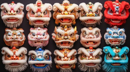 Fototapeta premium Vibrant Collection of 16 Colorful Lion Dance Masks Perfect for Festive Celebrations and Cultural Events